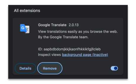 clicking "Remove" on the Google Translate extension in Chrome's Extension Manager